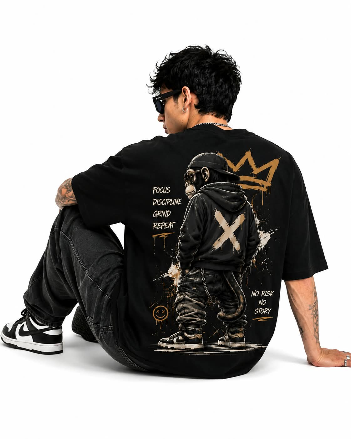 "NO RISK NO STORY" Urban King Ape Oversized Graphic T-Shirt – Streetwear Heavyweight Tee