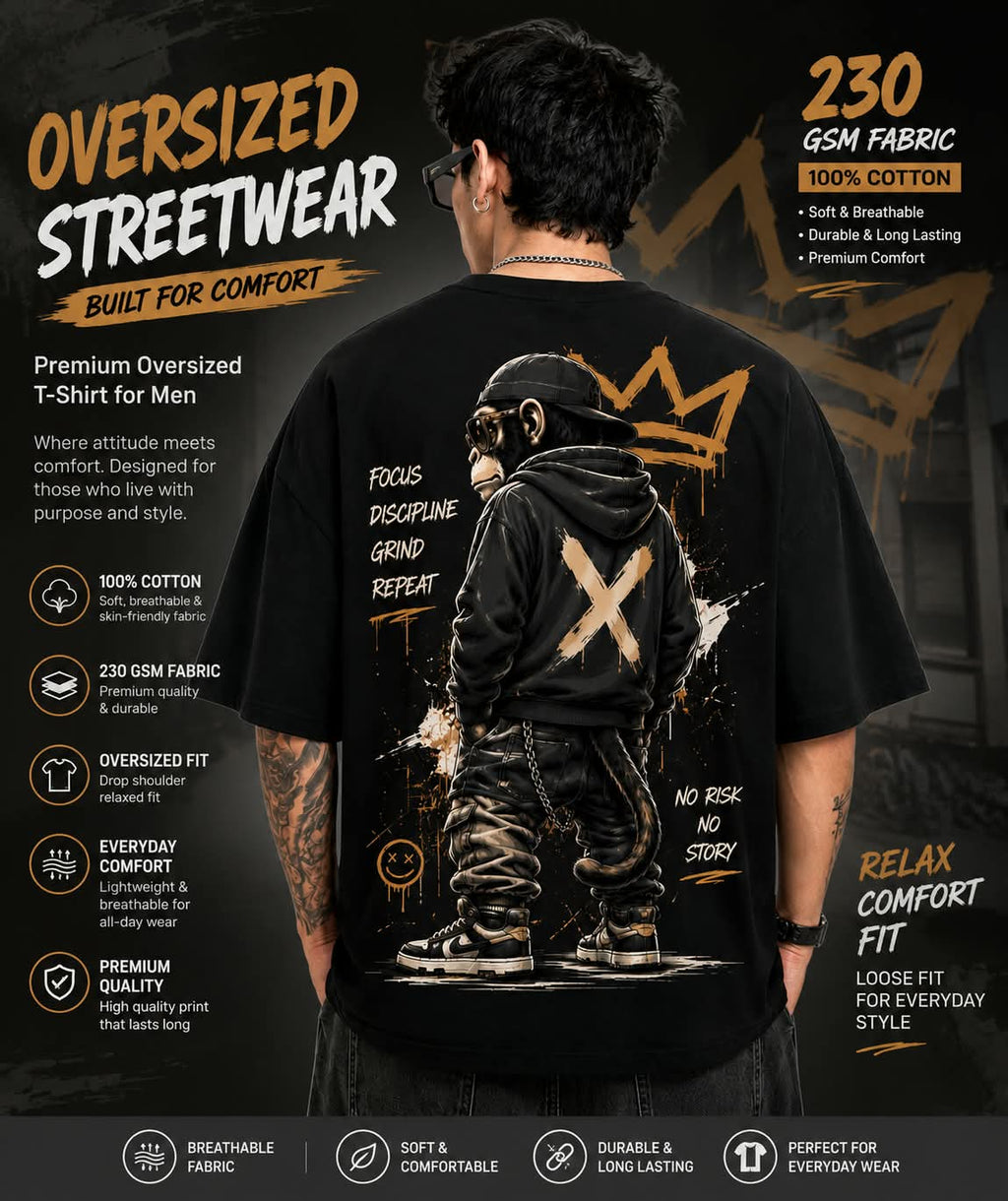 "NO RISK NO STORY" Urban King Ape Oversized Graphic T-Shirt – Streetwear Heavyweight Tee