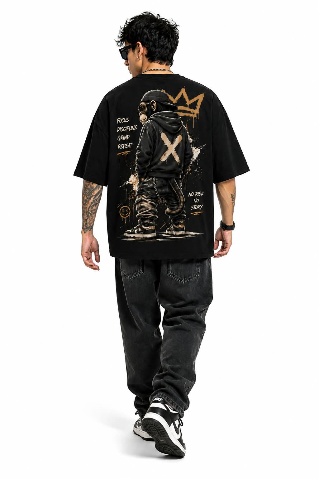 "NO RISK NO STORY" Urban King Ape Oversized Graphic T-Shirt – Streetwear Heavyweight Tee