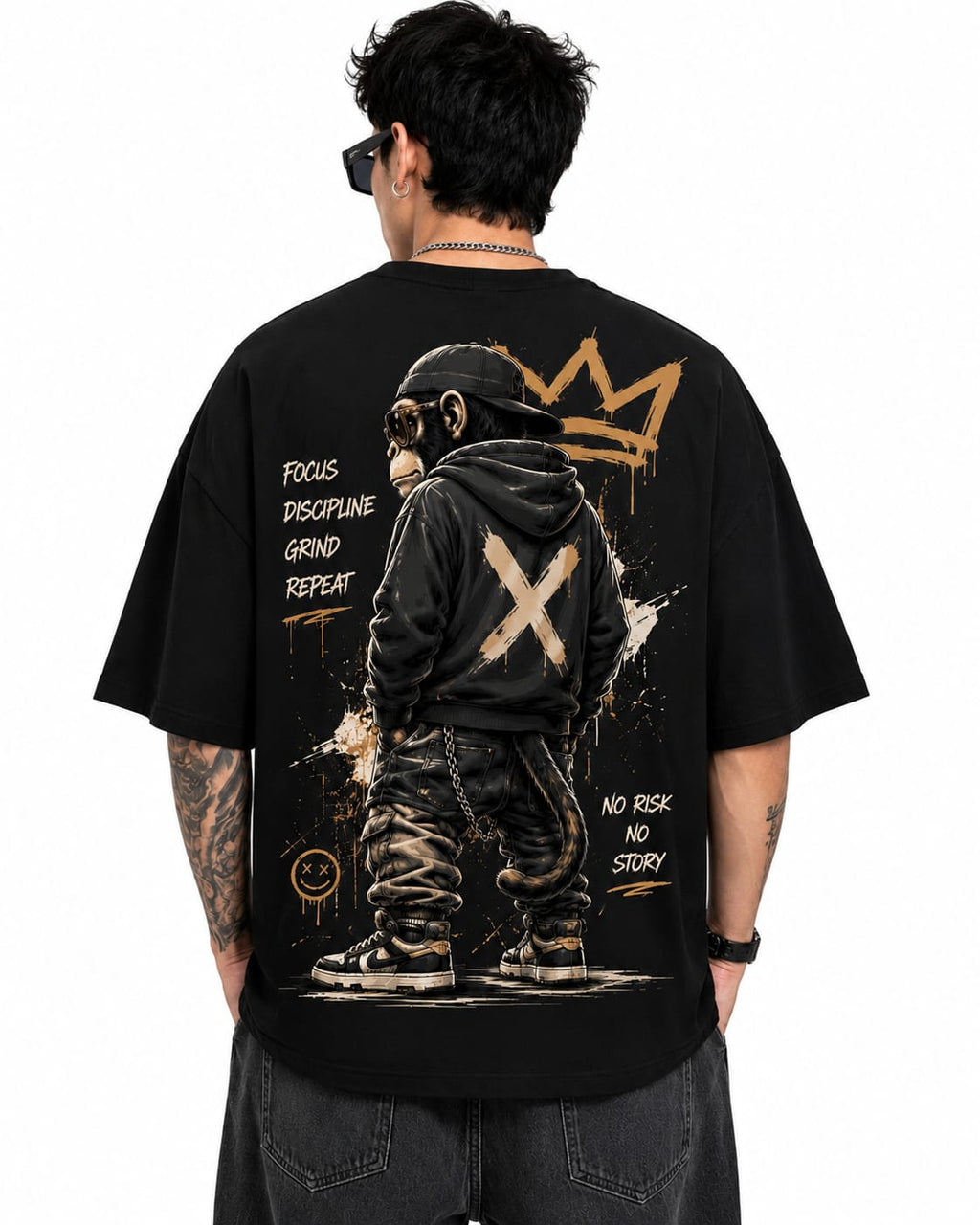 "NO RISK NO STORY" Urban King Ape Oversized Graphic T-Shirt – Streetwear Heavyweight Tee