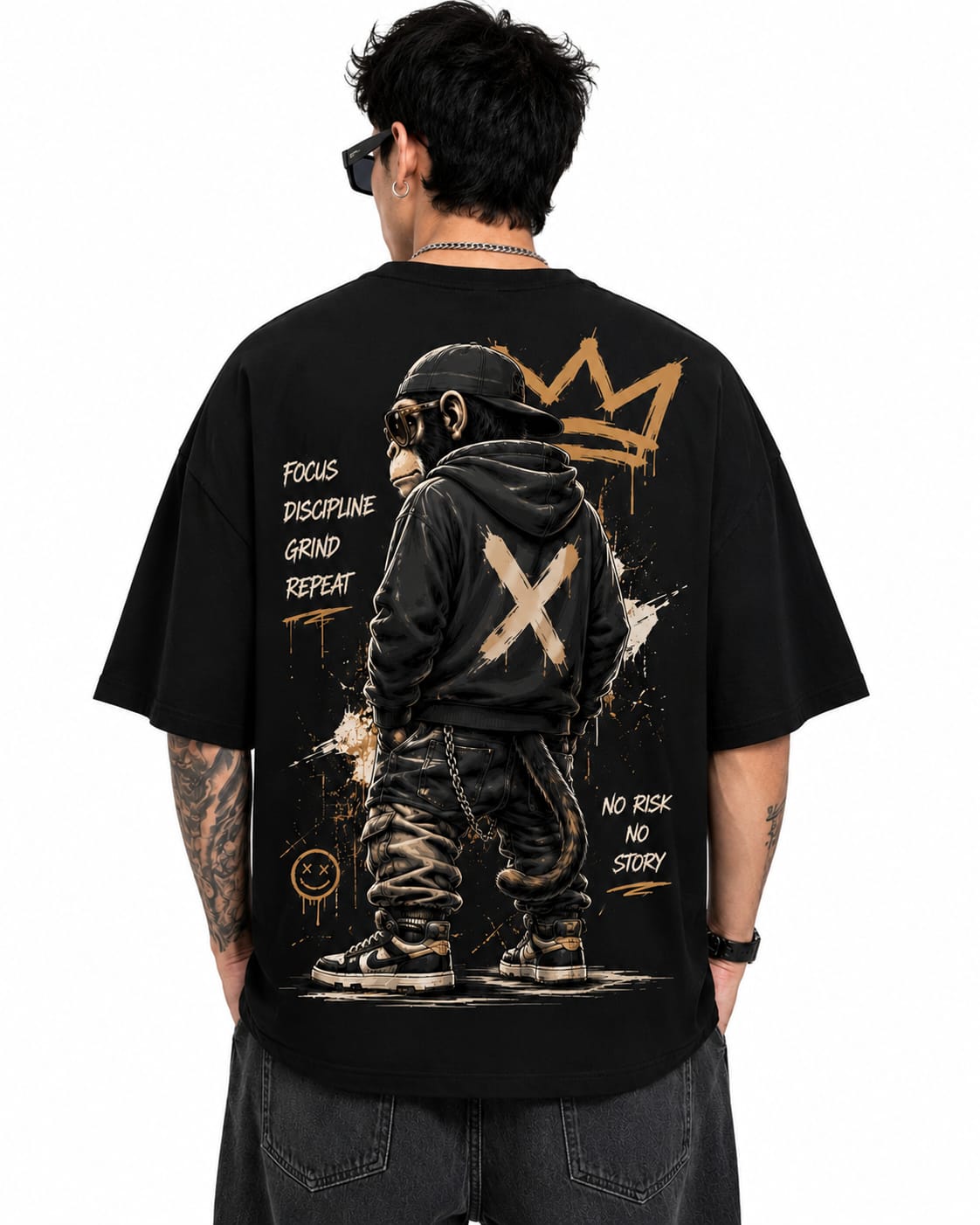 "NO RISK NO STORY" Urban King Ape Oversized Graphic T-Shirt – Streetwear Heavyweight Tee