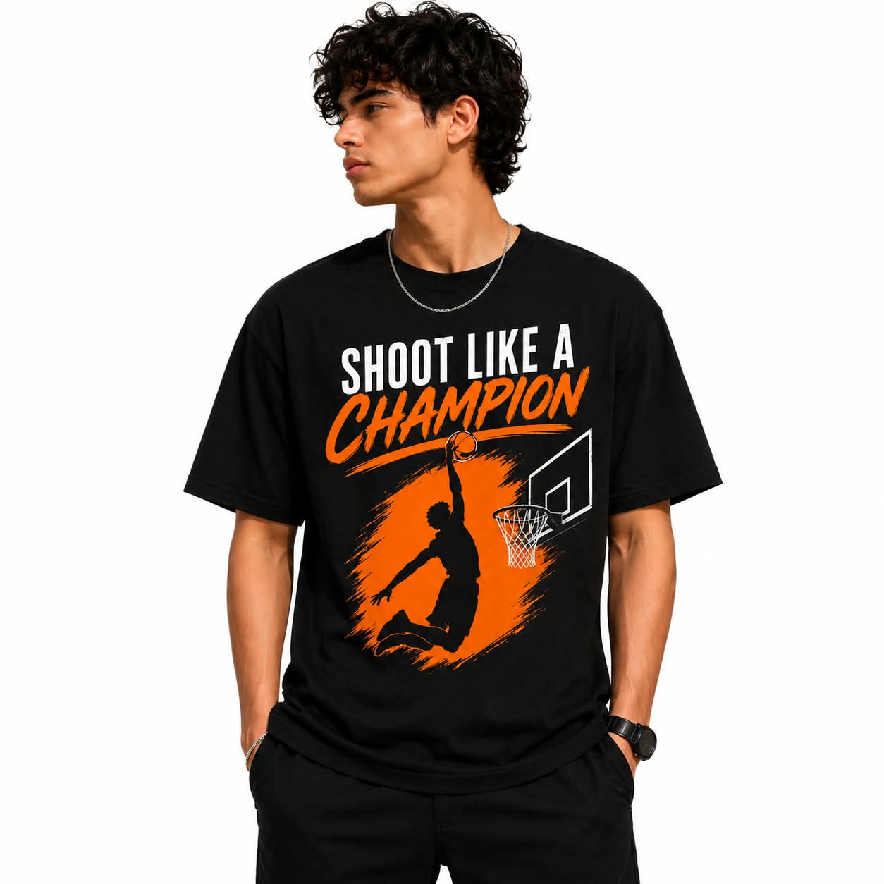 "SHOOT LIKE A CHAMPION" Basketball Slam Dunk Oversized Graphic T-Shirt – Sportswear Street Tee