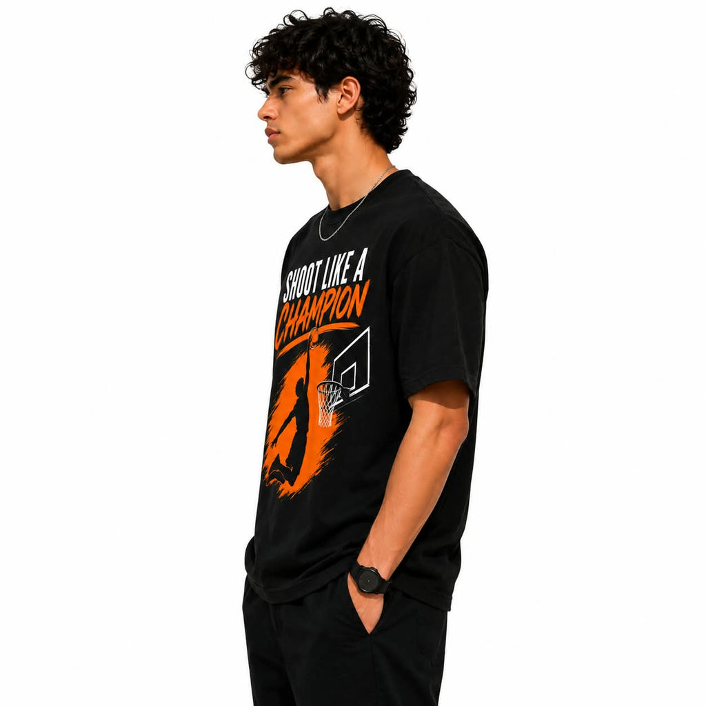 "SHOOT LIKE A CHAMPION" Basketball Slam Dunk Oversized Graphic T-Shirt – Sportswear Street Tee