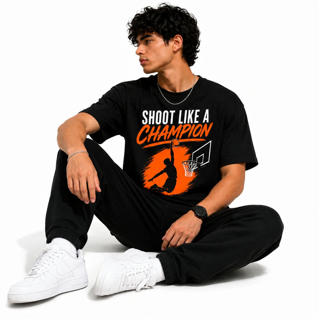 "SHOOT LIKE A CHAMPION" Basketball Slam Dunk Oversized Graphic T-Shirt – Sportswear Street Tee