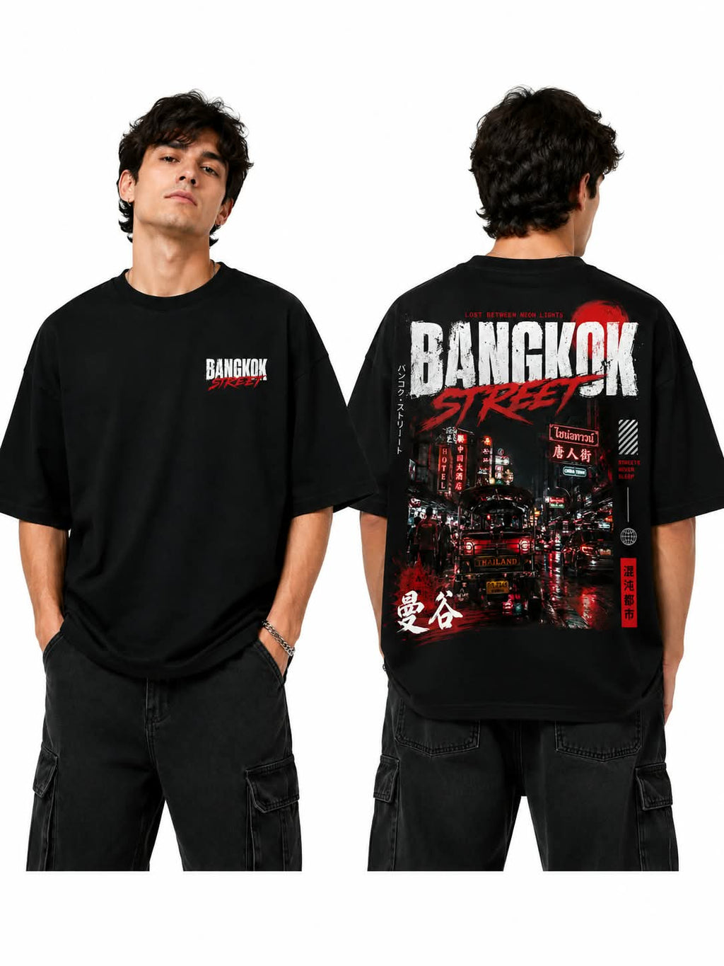 "BANGKOK STREET" Chinatown Neon Oversized Graphic T-Shirt – Urban Asian Streetwear Tee