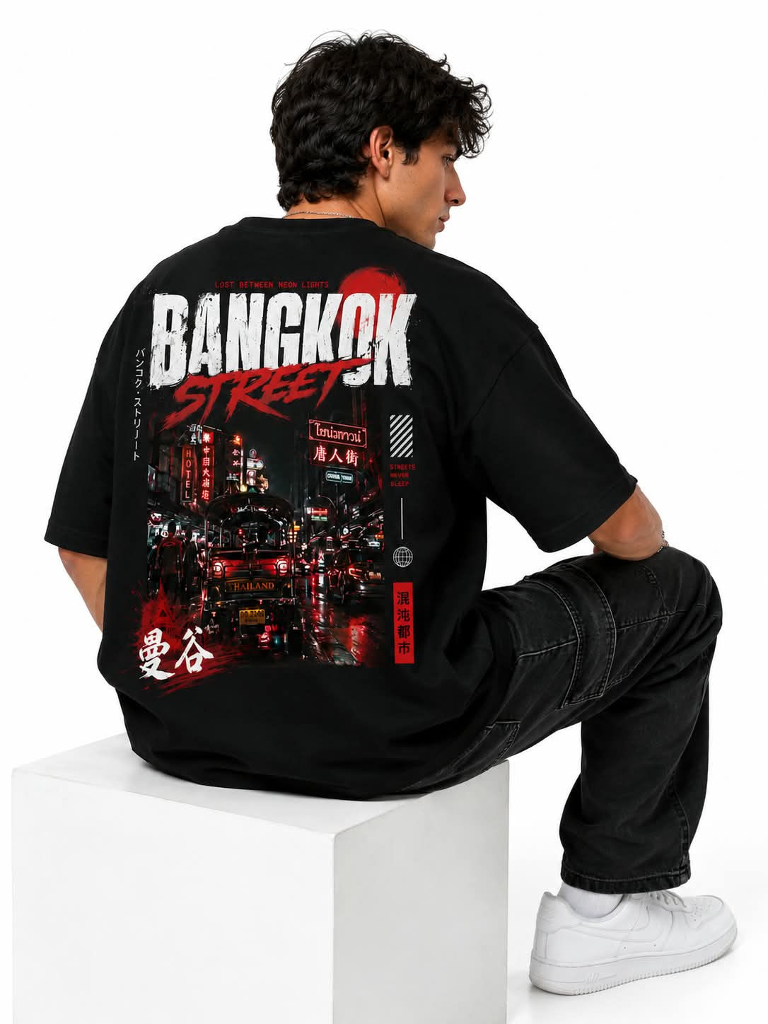 "BANGKOK STREET" Chinatown Neon Oversized Graphic T-Shirt – Urban Asian Streetwear Tee