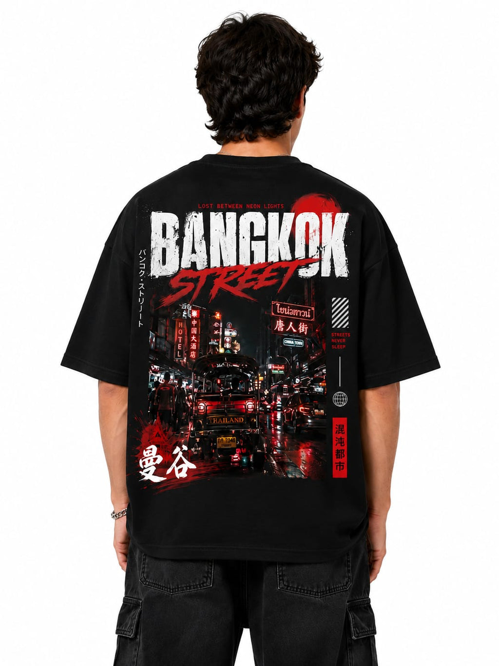 "BANGKOK STREET" Chinatown Neon Oversized Graphic T-Shirt – Urban Asian Streetwear Tee