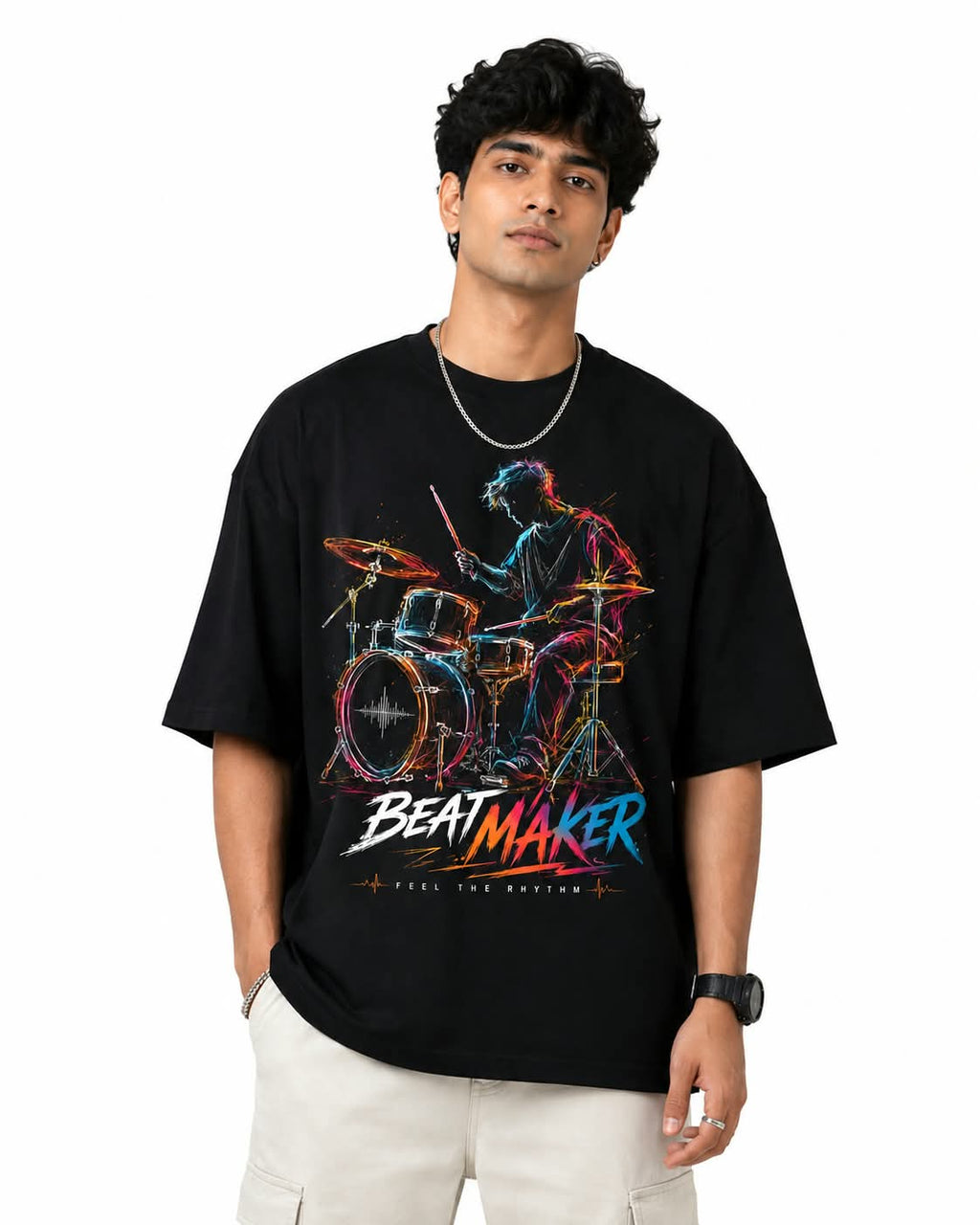 "BEATMAKER" Neon Drummer Oversized Graphic T-Shirt – Music Streetwear Tee
