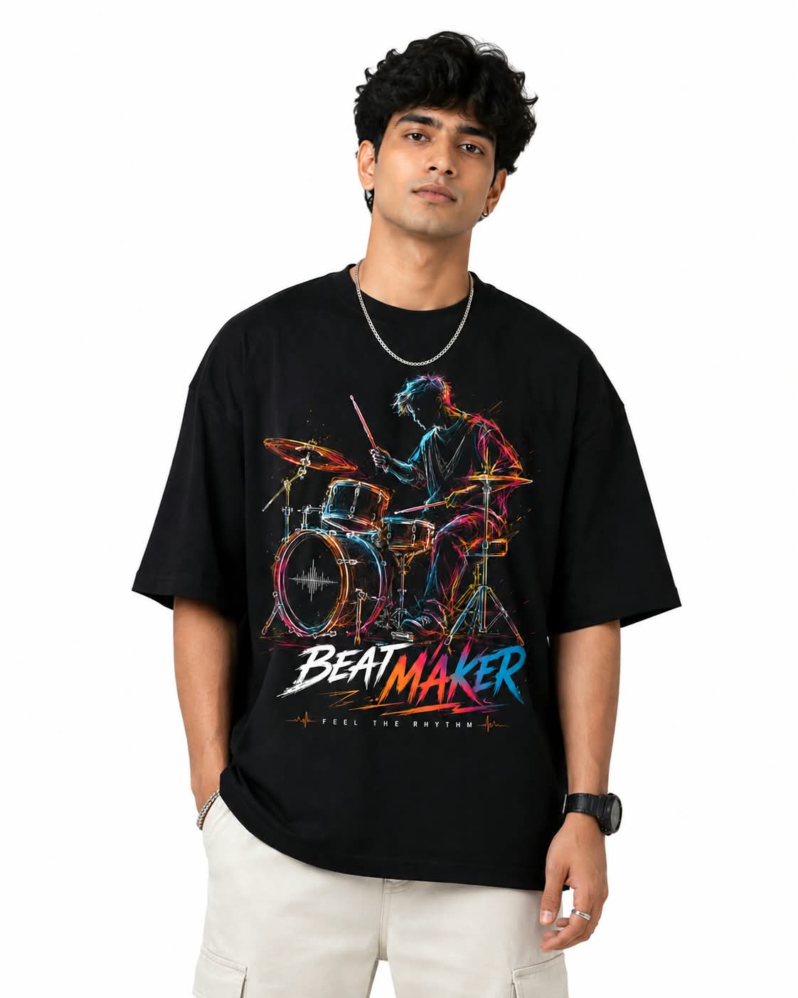 "BEATMAKER" Neon Drummer Oversized Graphic T-Shirt – Music Streetwear Tee