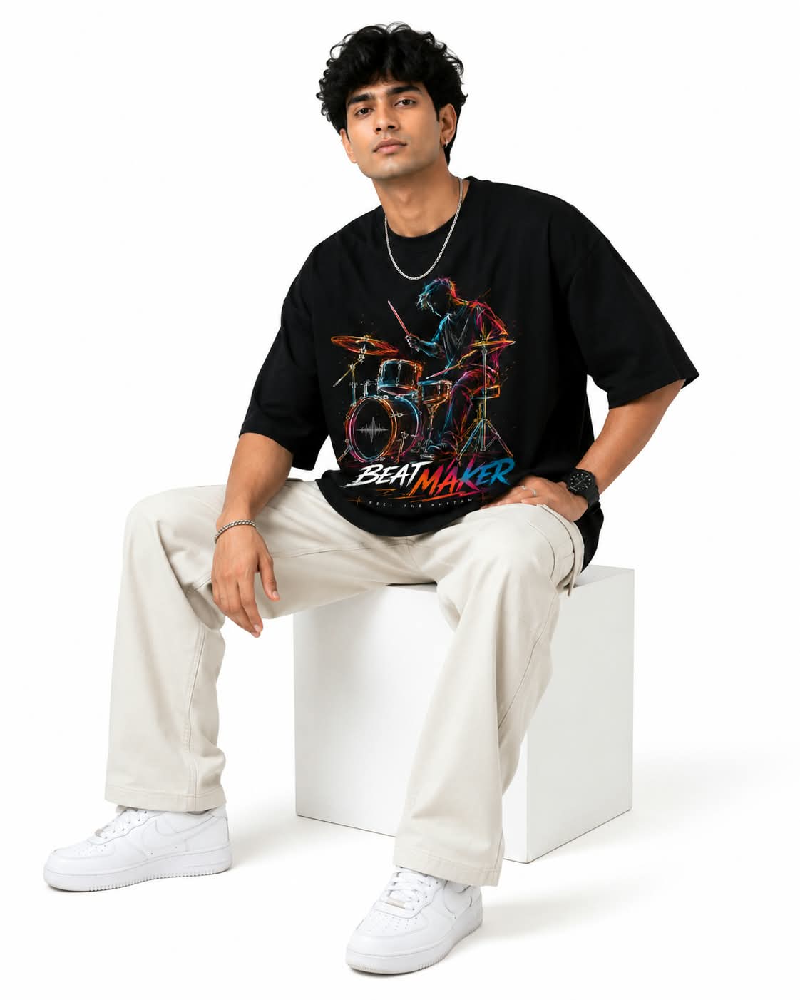 "BEATMAKER" Neon Drummer Oversized Graphic T-Shirt – Music Streetwear Tee