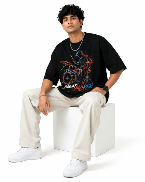 "BEATMAKER" Neon Drummer Oversized Graphic T-Shirt – Music Streetwear Tee