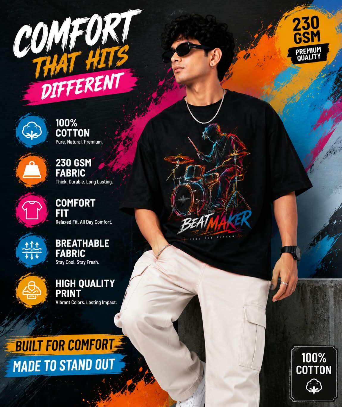 "BEATMAKER" Neon Drummer Oversized Graphic T-Shirt – Music Streetwear Tee