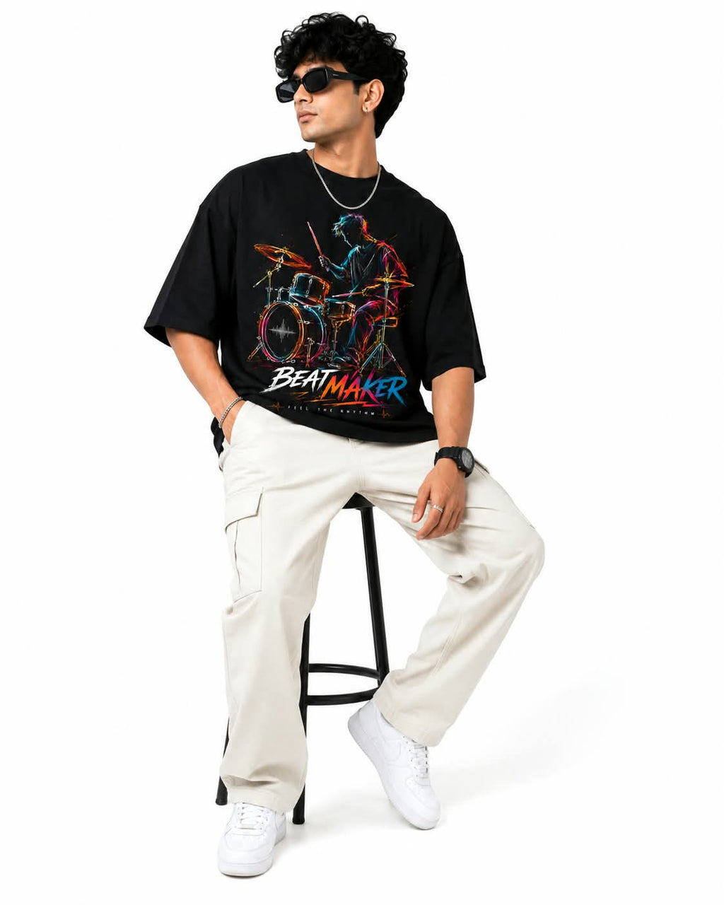 "BEATMAKER" Neon Drummer Oversized Graphic T-Shirt – Music Streetwear Tee