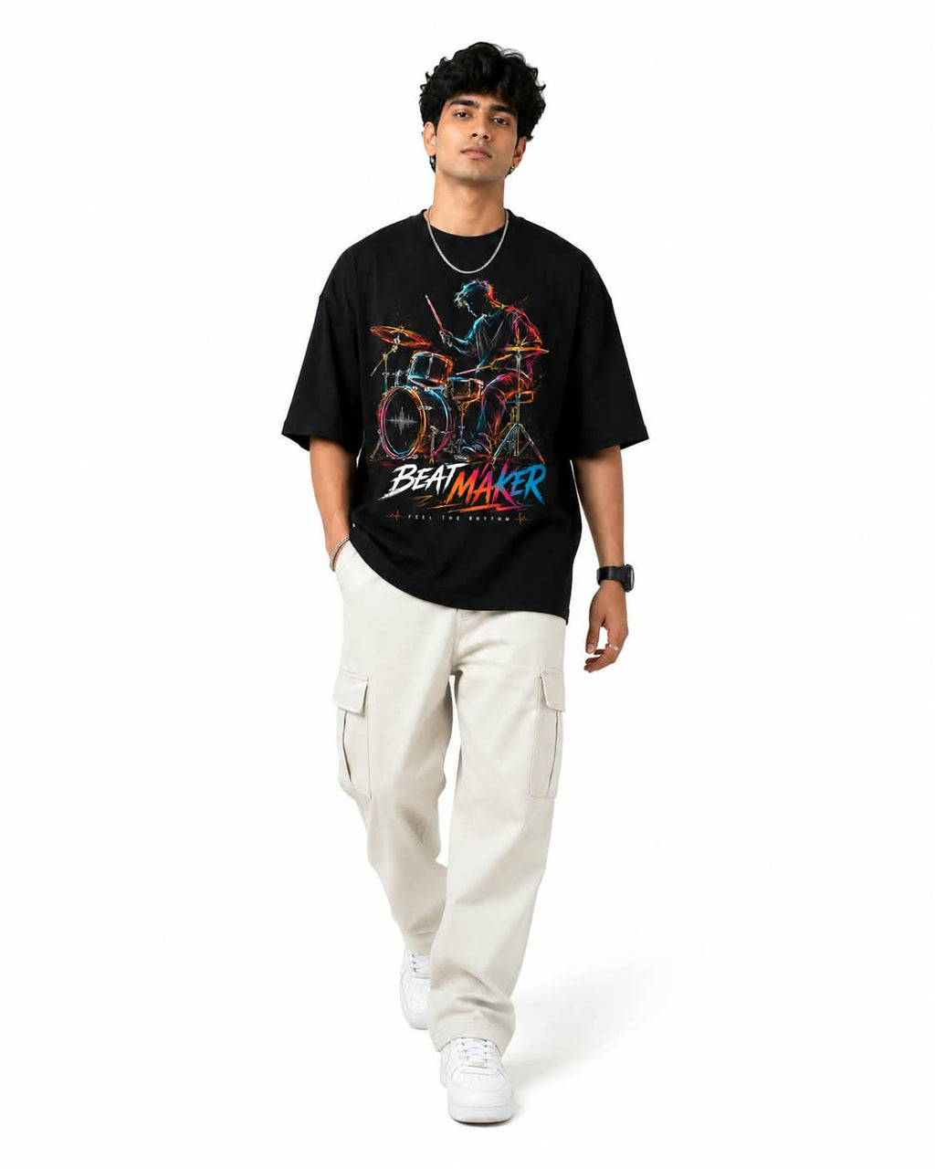 "BEATMAKER" Neon Drummer Oversized Graphic T-Shirt – Music Streetwear Tee
