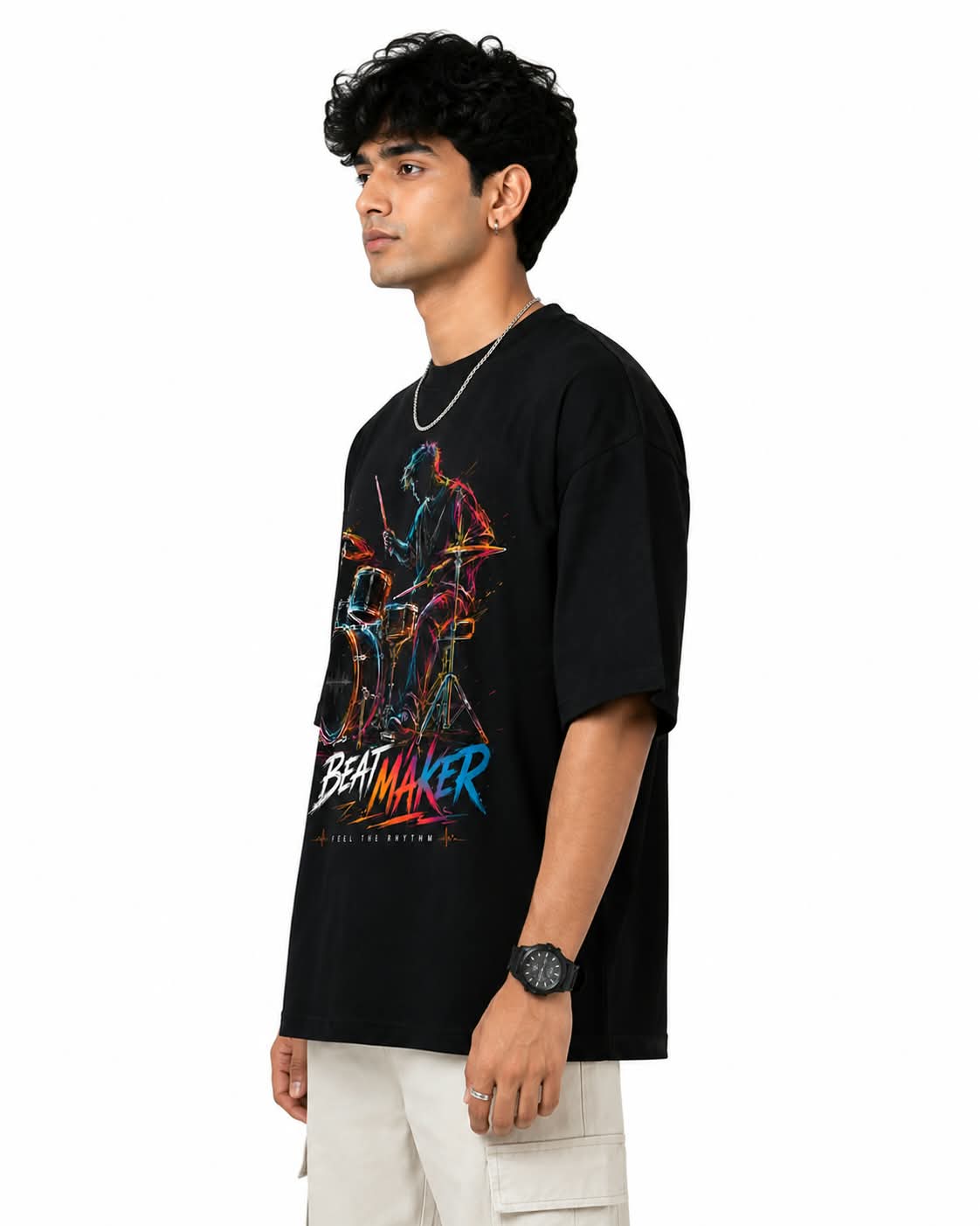 "BEATMAKER" Neon Drummer Oversized Graphic T-Shirt – Music Streetwear Tee