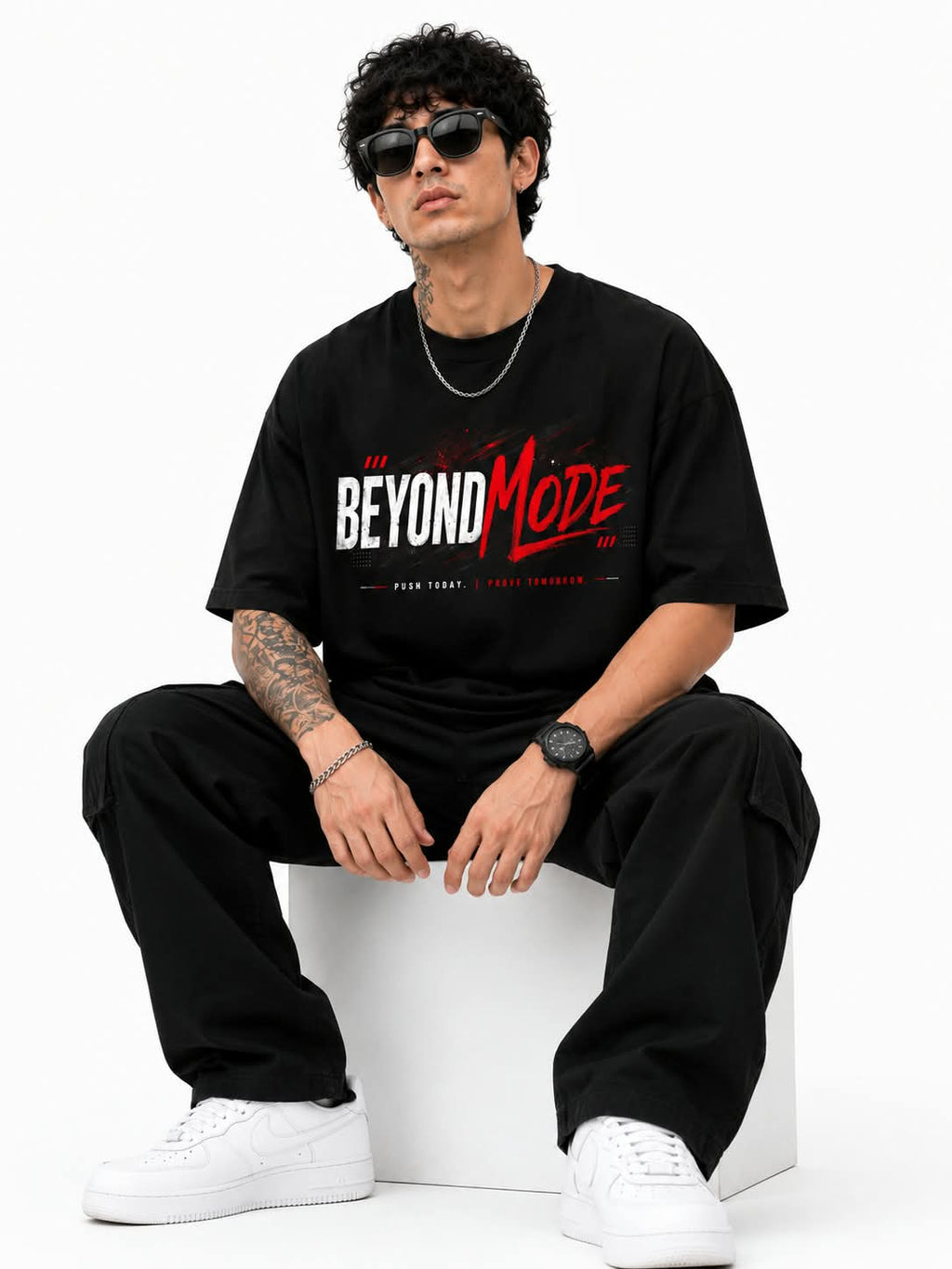 "BEYOND MODE" Typography Oversized Graphic T-Shirt – Edgy Techwear Street Tee