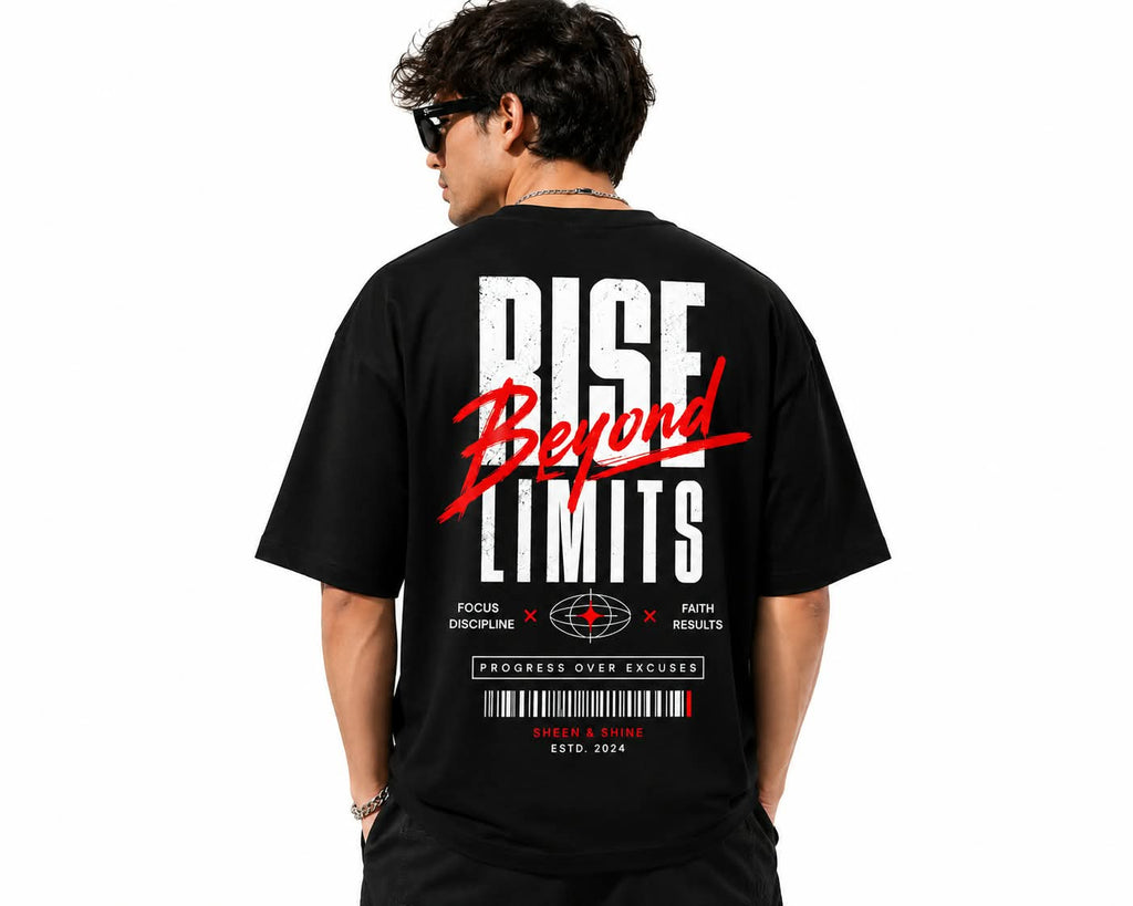 "RISE BEYOND LIMITS" Streetwear Oversized Graphic T-Shirt – Urban Tech Typography Heavyweight Tee