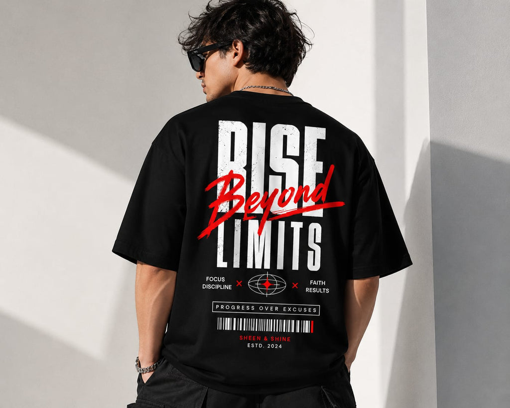 "RISE BEYOND LIMITS" Streetwear Oversized Graphic T-Shirt – Urban Tech Typography Heavyweight Tee