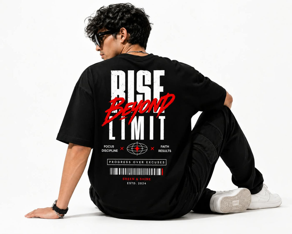 "RISE BEYOND LIMITS" Streetwear Oversized Graphic T-Shirt – Urban Tech Typography Heavyweight Tee