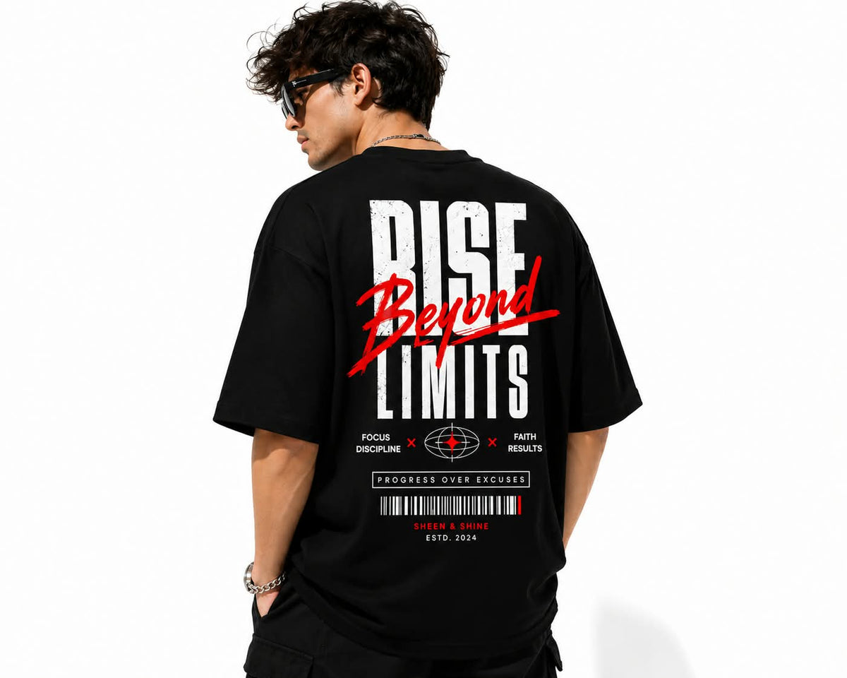 "RISE BEYOND LIMITS" Streetwear Oversized Graphic T-Shirt – Urban Tech Typography Heavyweight Tee