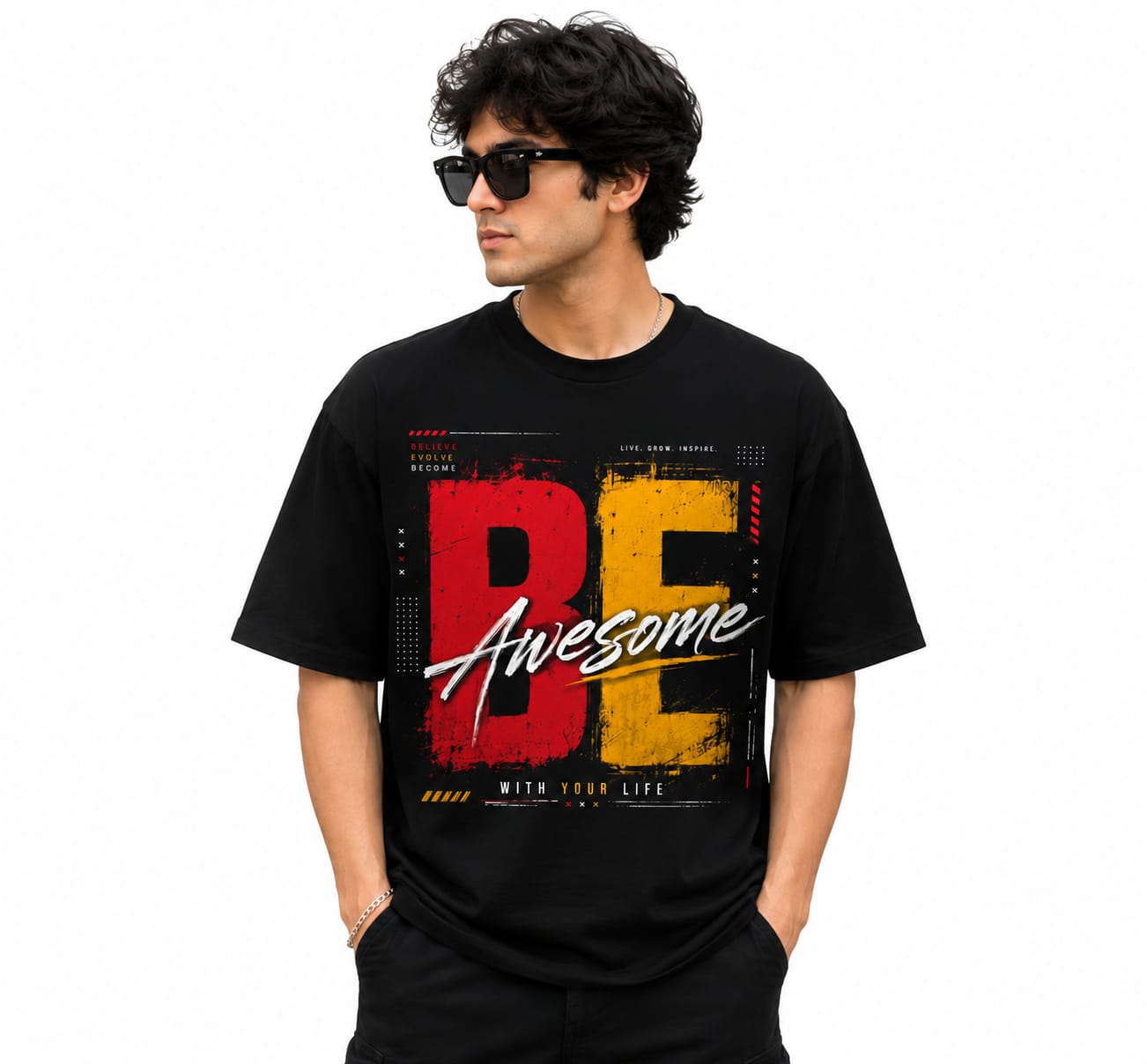 "BE AWESOME" Dual-Tone Typography Oversized Graphic T-Shirt – Urban Motivation Streetwear Tee