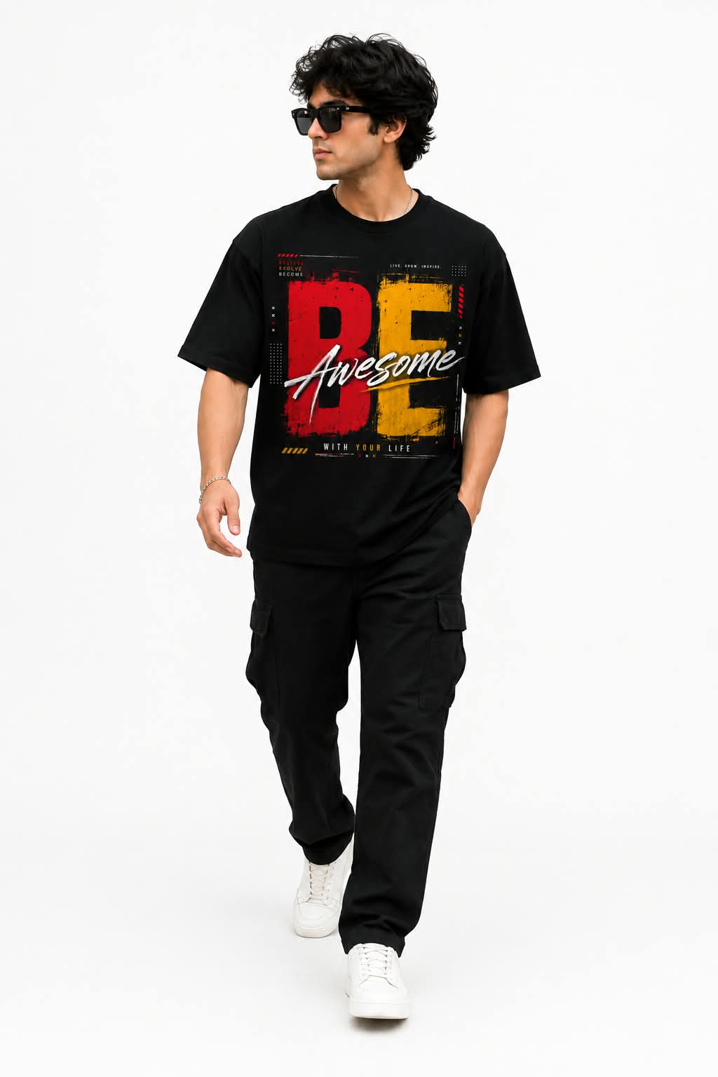 "BE AWESOME" Dual-Tone Typography Oversized Graphic T-Shirt – Urban Motivation Streetwear Tee