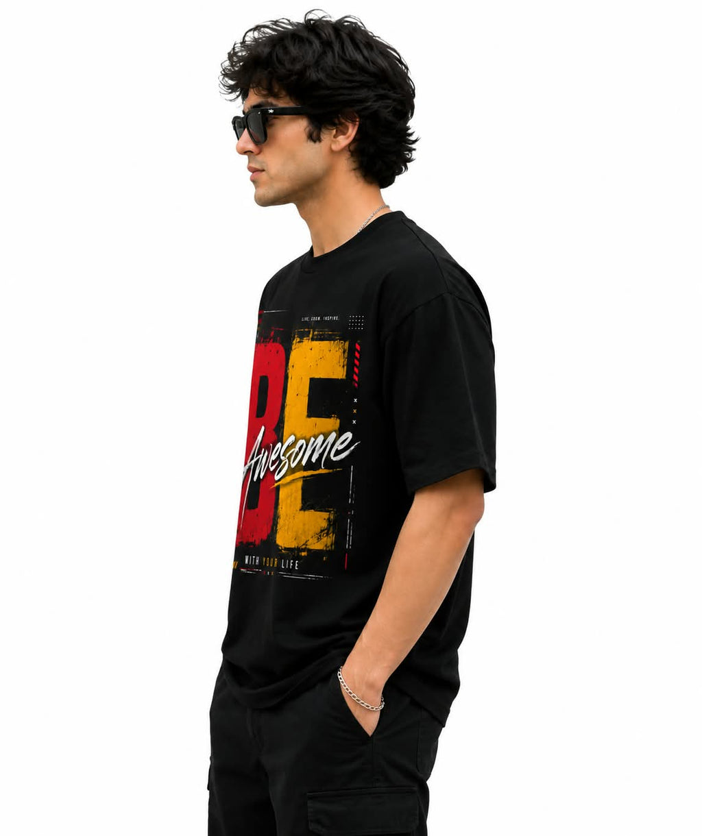 "BE AWESOME" Dual-Tone Typography Oversized Graphic T-Shirt – Urban Motivation Streetwear Tee