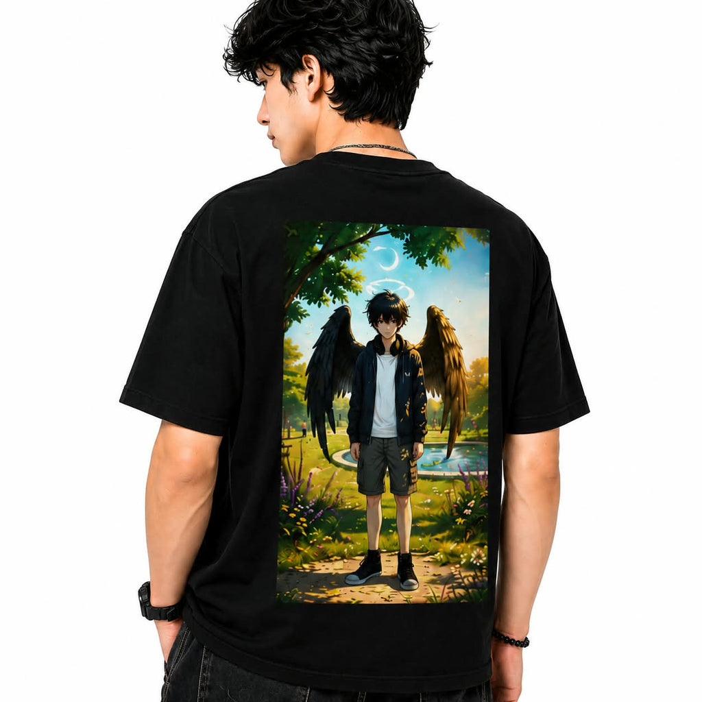 "FALLEN ANGEL" Anime Winged Boy Oversized Graphic T-Shirt – Dark Fantasy Streetwear Tee