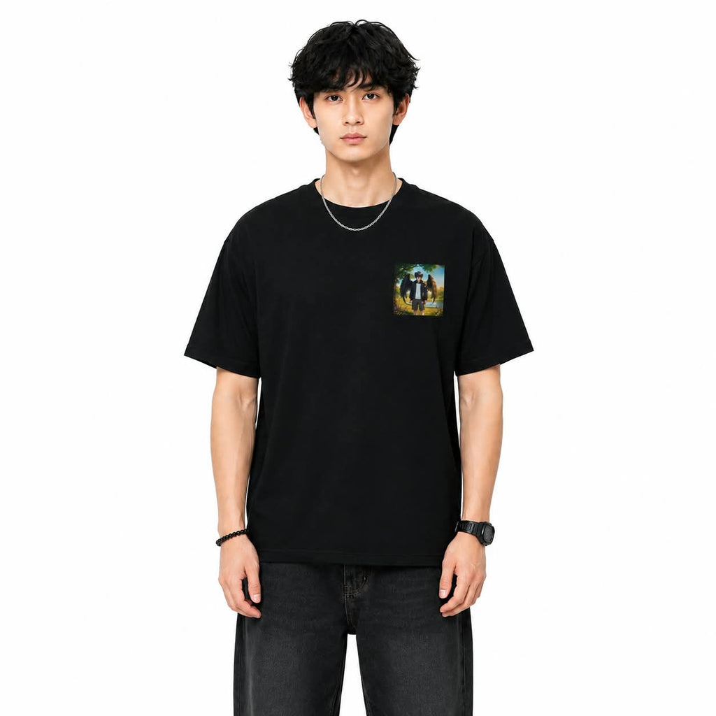 "FALLEN ANGEL" Anime Winged Boy Oversized Graphic T-Shirt – Dark Fantasy Streetwear Tee
