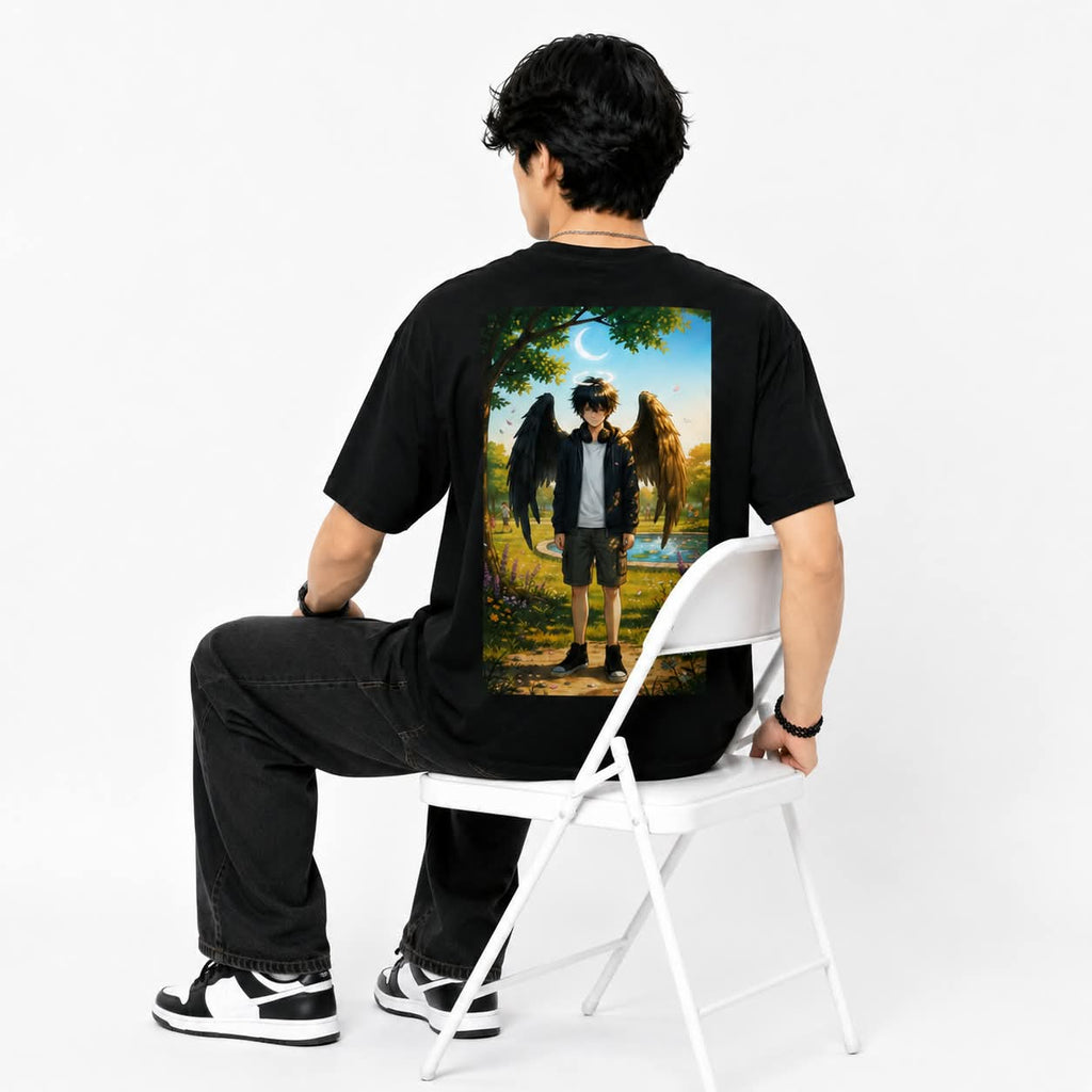 "FALLEN ANGEL" Anime Winged Boy Oversized Graphic T-Shirt – Dark Fantasy Streetwear Tee