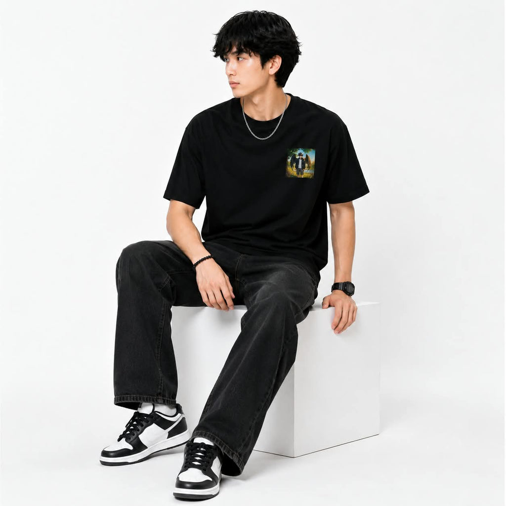 "FALLEN ANGEL" Anime Winged Boy Oversized Graphic T-Shirt – Dark Fantasy Streetwear Tee