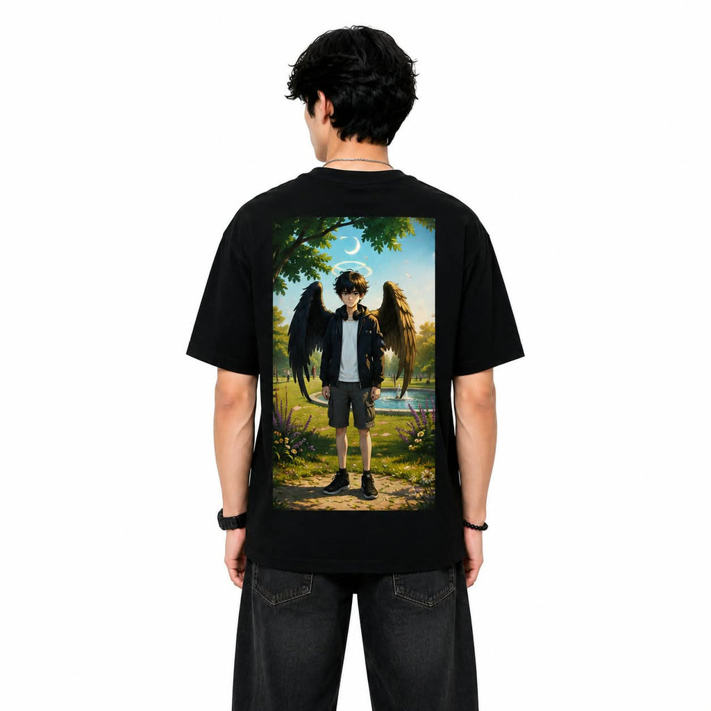 "FALLEN ANGEL" Anime Winged Boy Oversized Graphic T-Shirt – Dark Fantasy Streetwear Tee
