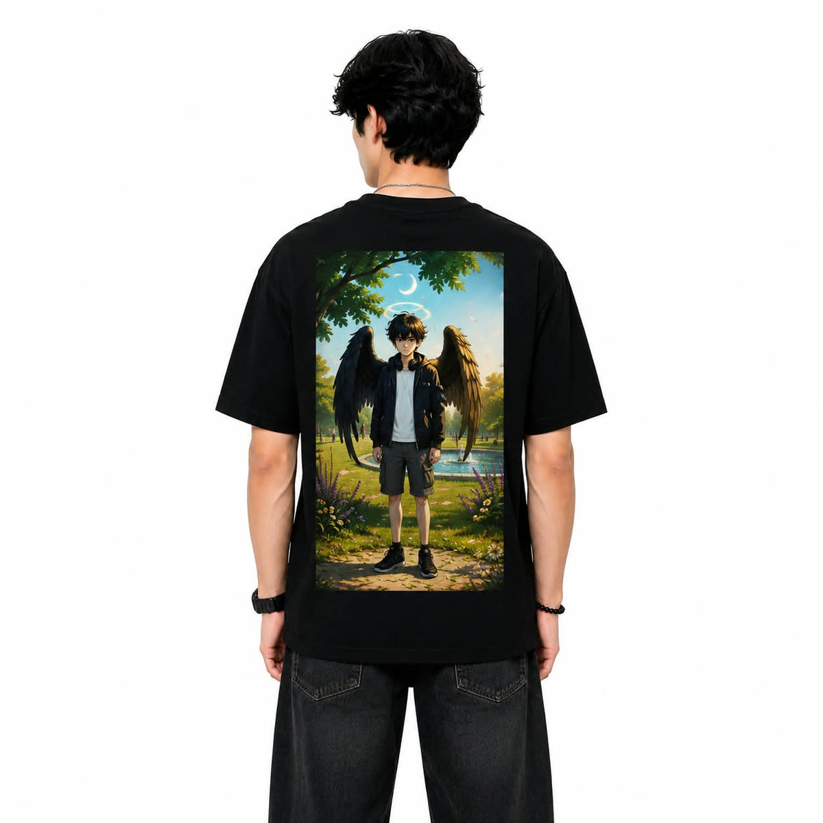 "FALLEN ANGEL" Anime Winged Boy Oversized Graphic T-Shirt – Dark Fantasy Streetwear Tee