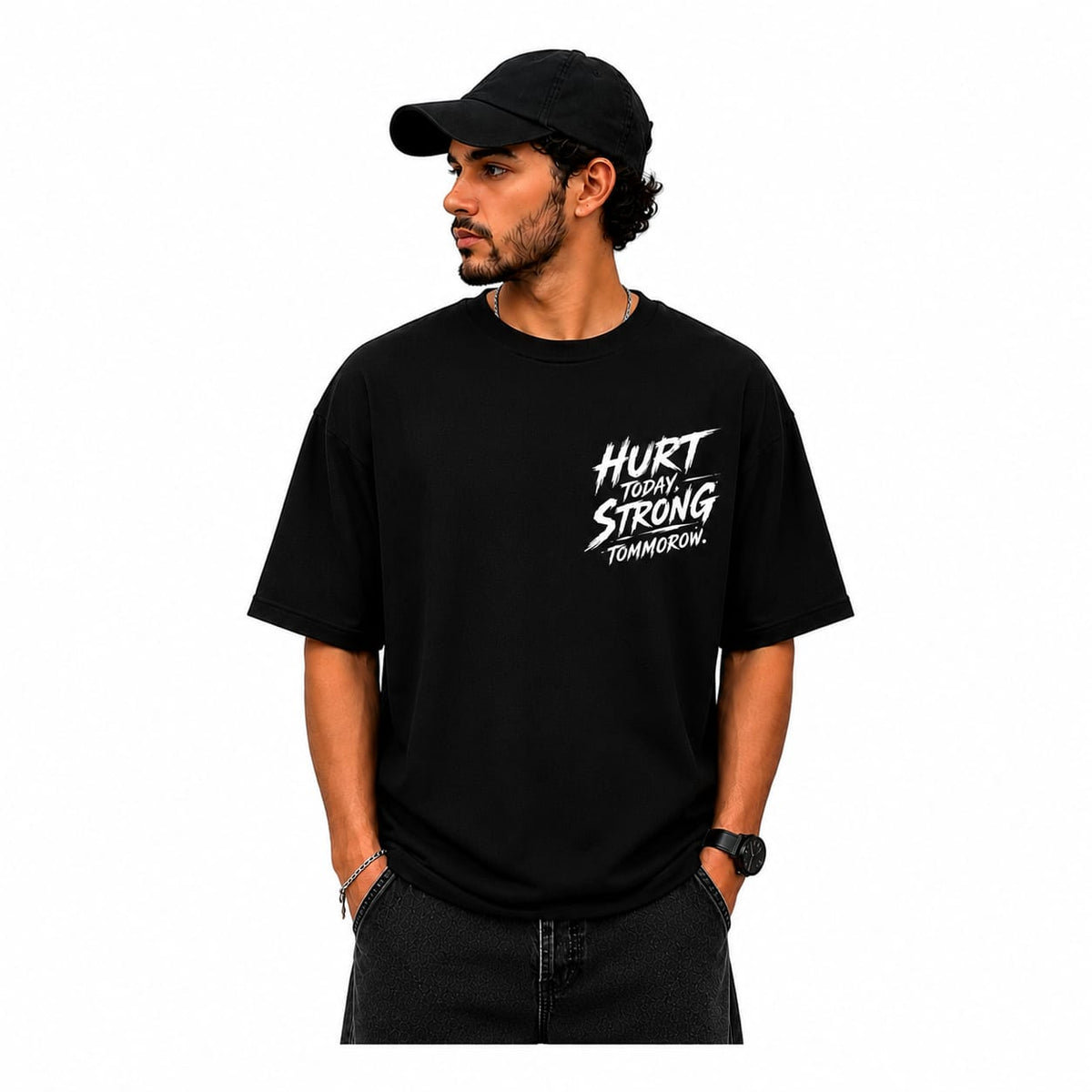 "HURT TODAY STRONG TOMORROW" Distressed Typography Oversized Graphic T-Shirt – Gym & Streetwear Heavyweight Tee