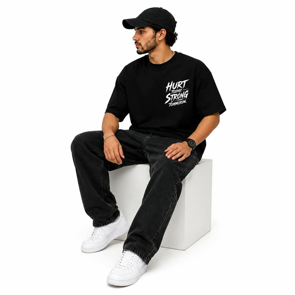 "HURT TODAY STRONG TOMORROW" Distressed Typography Oversized Graphic T-Shirt – Gym & Streetwear Heavyweight Tee