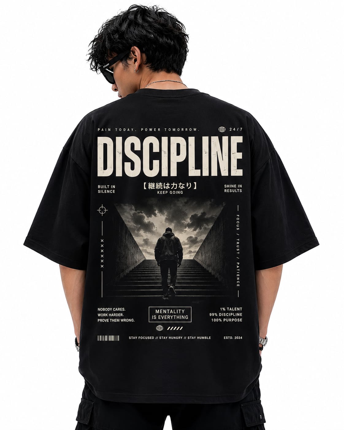 "DISCIPLINE OVER MOTIVATION" Japanese Kanji Oversized Graphic T-Shirt – Urban Techwear Street Tee