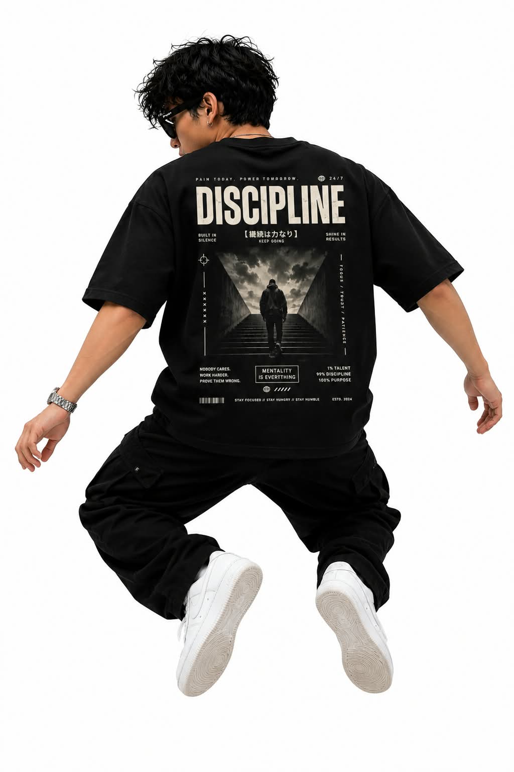 "DISCIPLINE OVER MOTIVATION" Japanese Kanji Oversized Graphic T-Shirt – Urban Techwear Street Tee