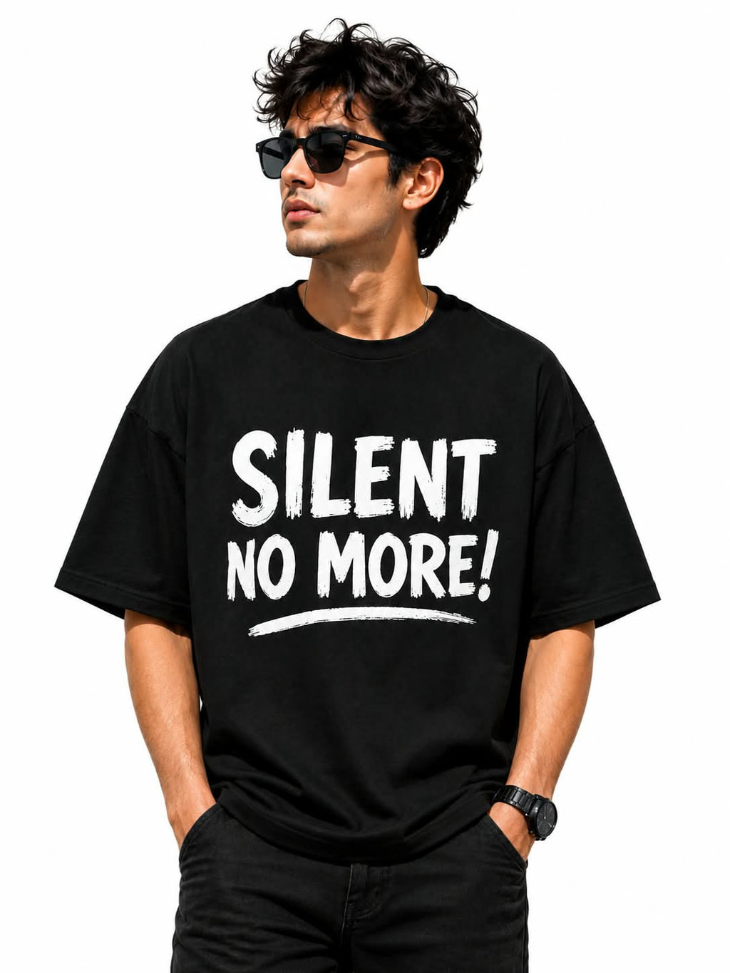 "SILENT NO MORE!" Typography Oversized Graphic T-Shirt – Edgy Streetwear Statement Tee
