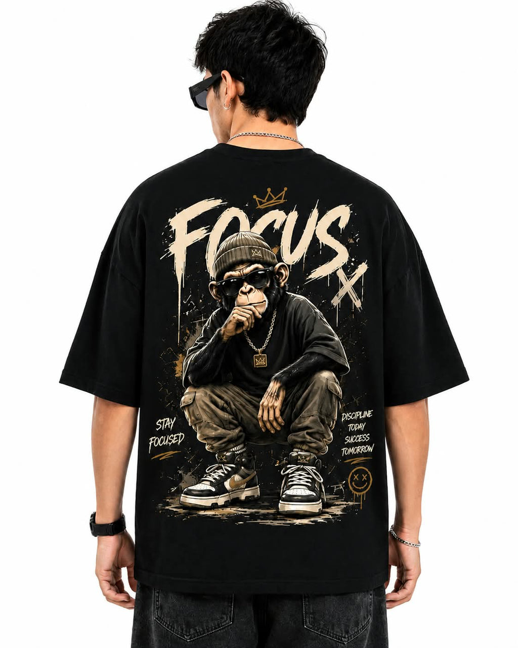 "FOCUS X" Street Chimpanzee Oversized Graphic T-Shirt – Urban Hip-Hop Streetwear Tee