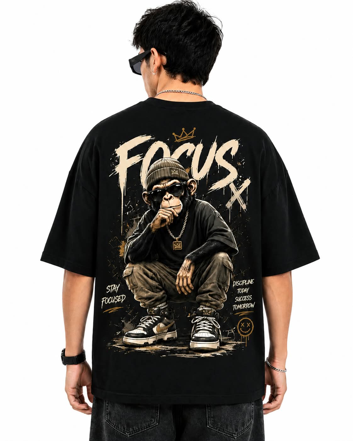 "FOCUS X" Street Chimpanzee Oversized Graphic T-Shirt – Urban Hip-Hop Streetwear Tee