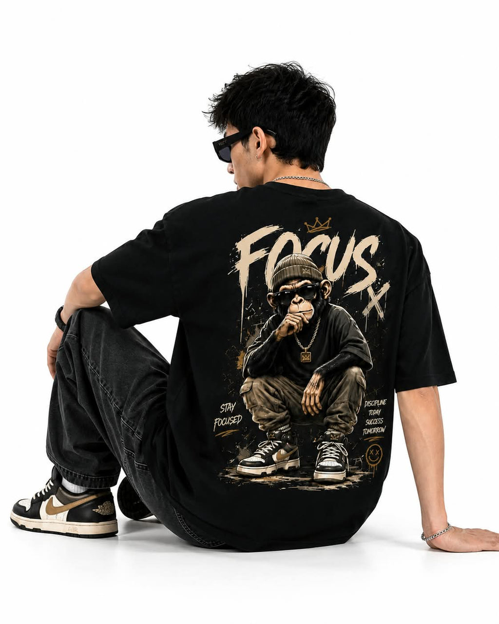 "FOCUS X" Street Chimpanzee Oversized Graphic T-Shirt – Urban Hip-Hop Streetwear Tee