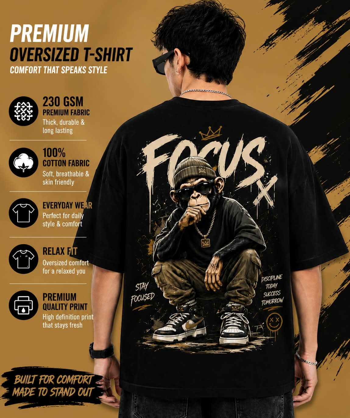 "FOCUS X" Street Chimpanzee Oversized Graphic T-Shirt – Urban Hip-Hop Streetwear Tee
