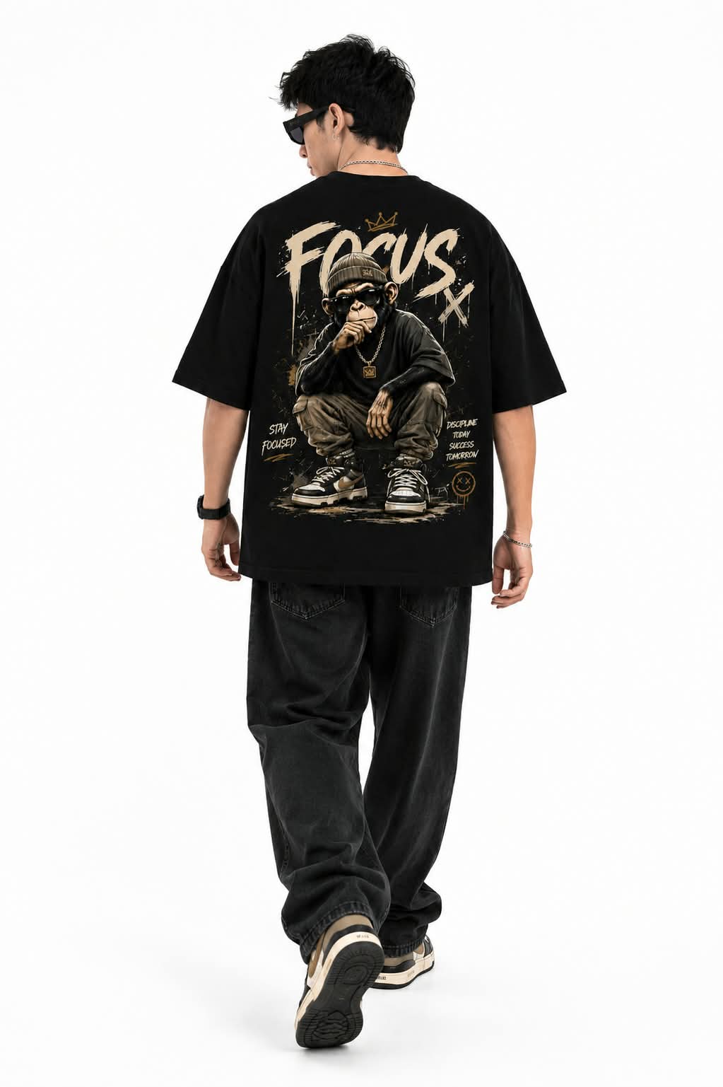 "FOCUS X" Street Chimpanzee Oversized Graphic T-Shirt – Urban Hip-Hop Streetwear Tee