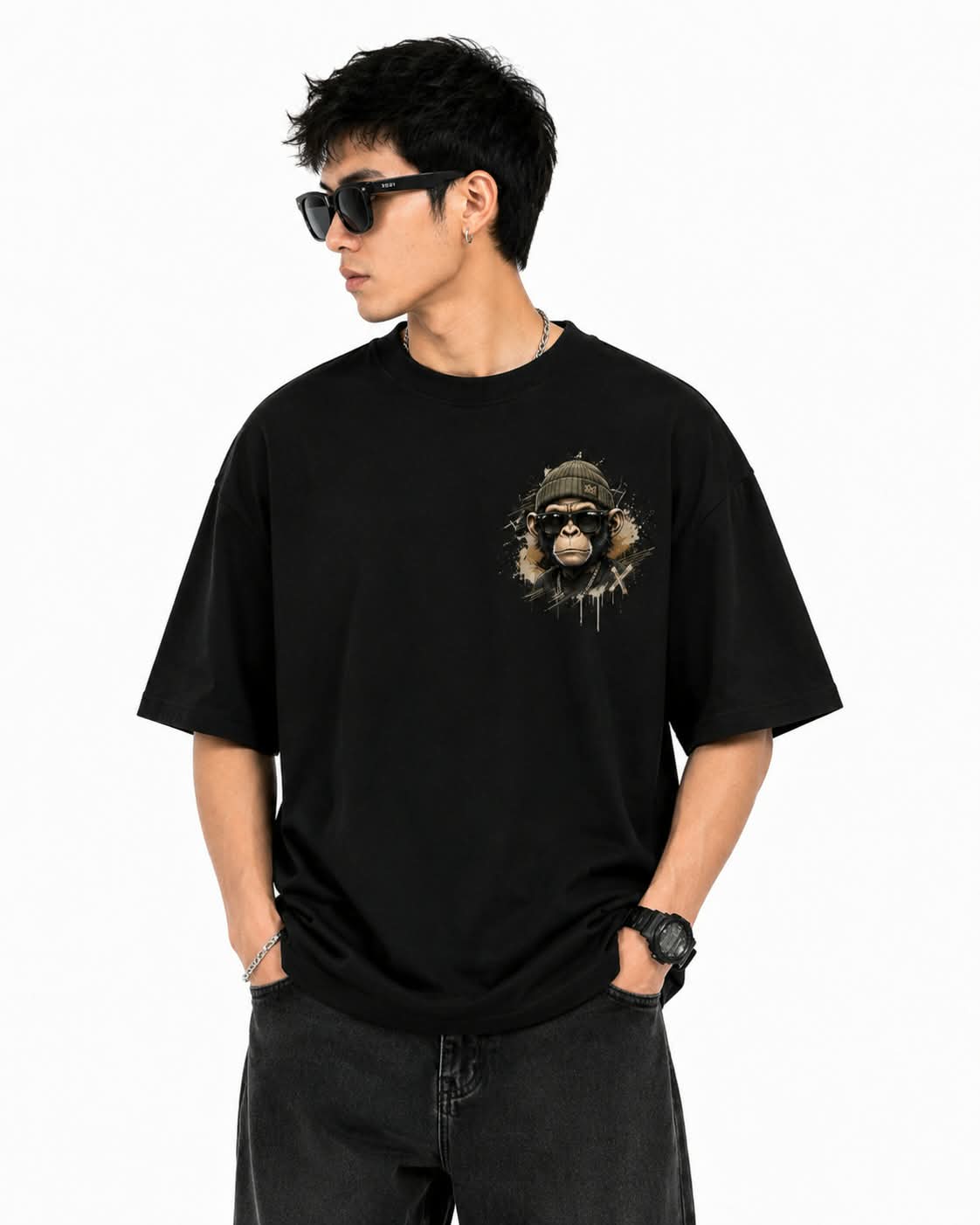 "FOCUS X" Street Chimpanzee Oversized Graphic T-Shirt – Urban Hip-Hop Streetwear Tee