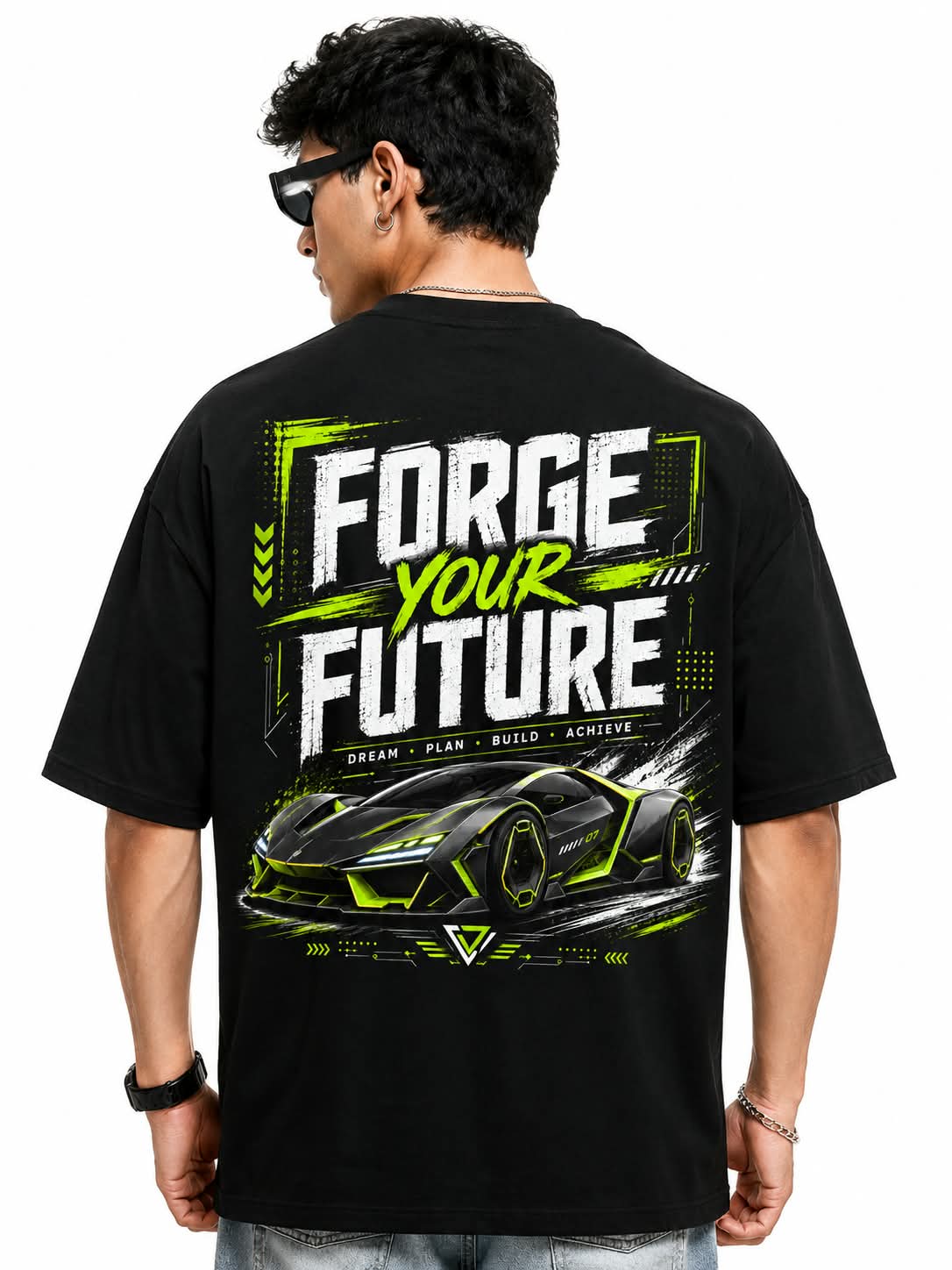 "FORGE YOUR FUTURE" Cyber Supercar Oversized Graphic T-Shirt – Neon Streetwear Tee