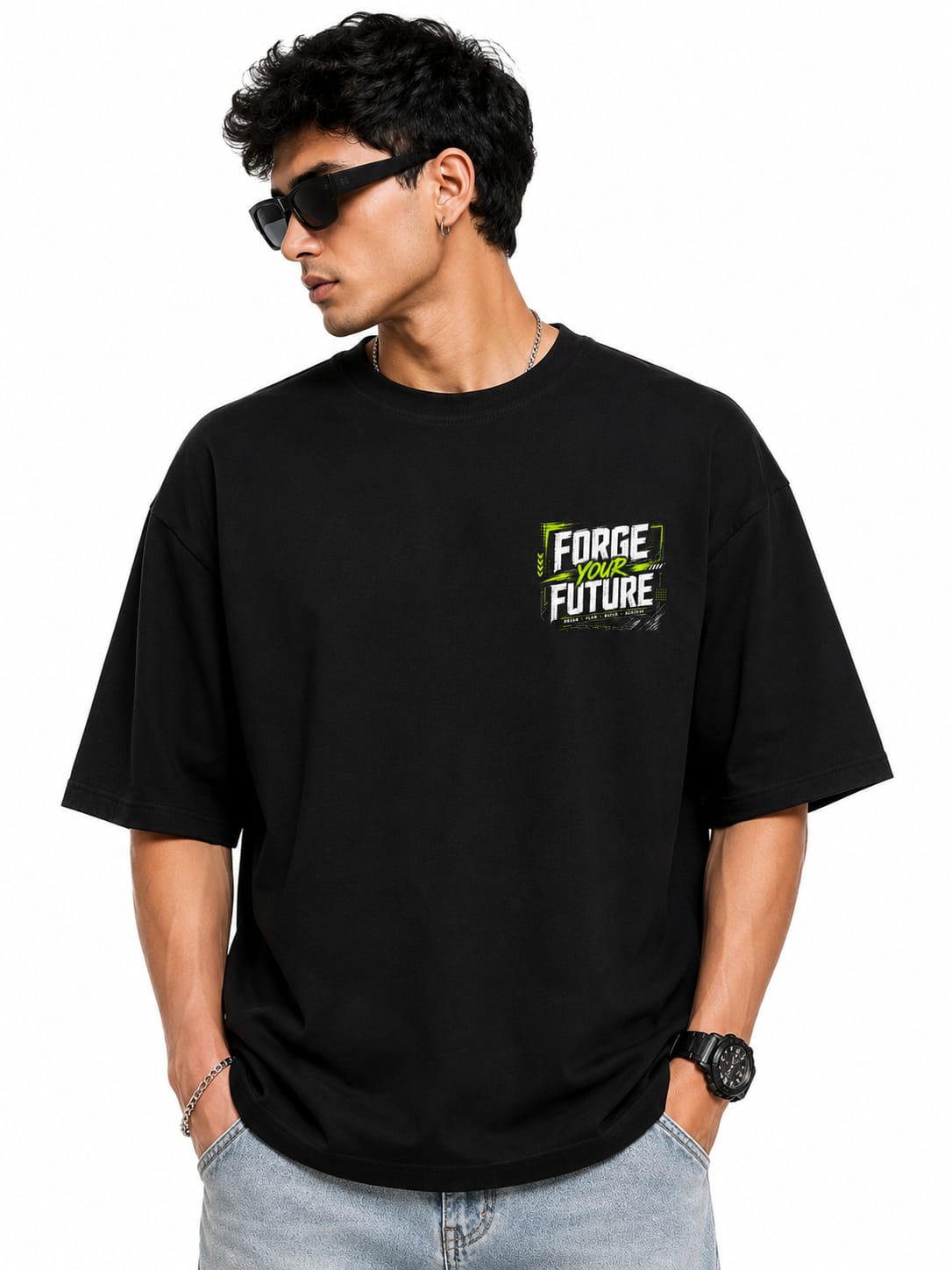 "FORGE YOUR FUTURE" Cyber Supercar Oversized Graphic T-Shirt – Neon Streetwear Tee