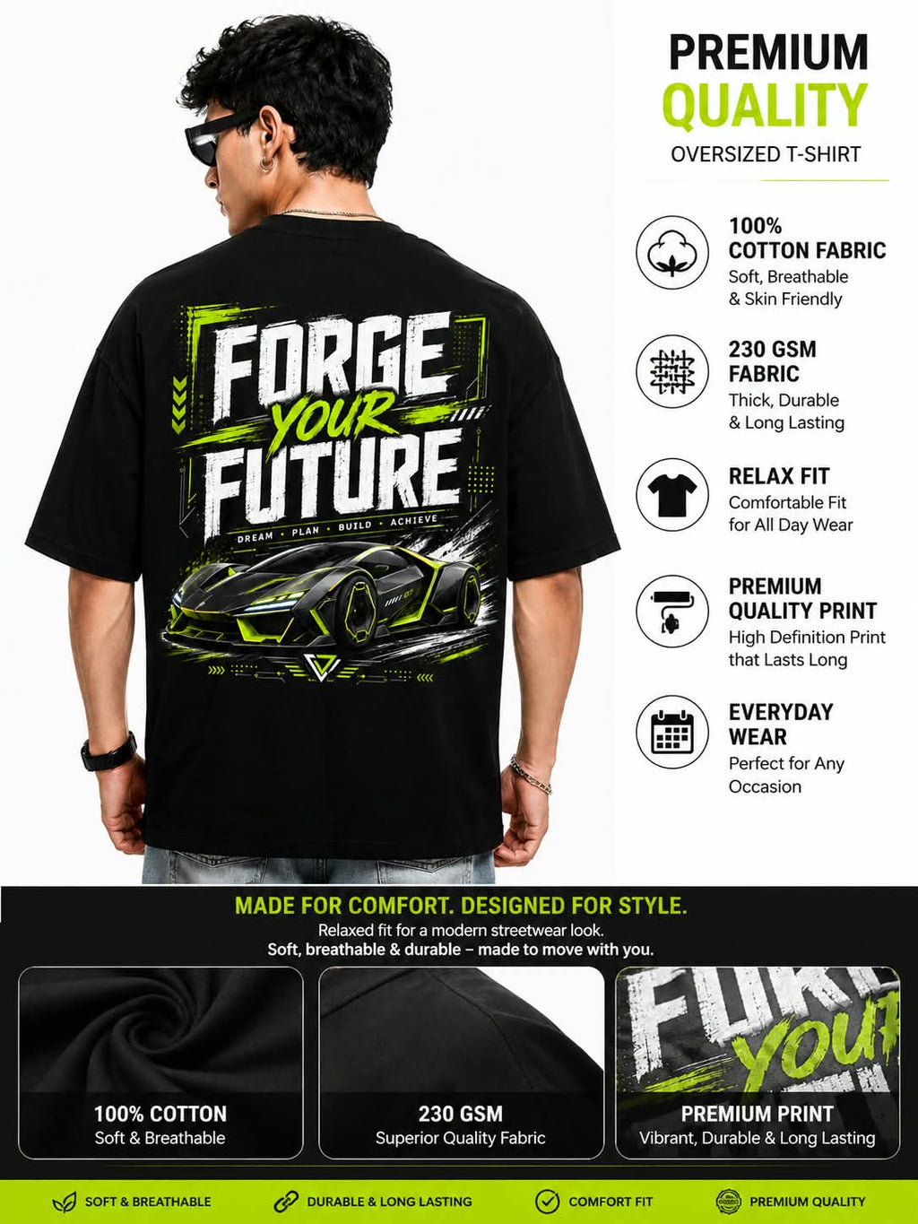 "FORGE YOUR FUTURE" Cyber Supercar Oversized Graphic T-Shirt – Neon Streetwear Tee