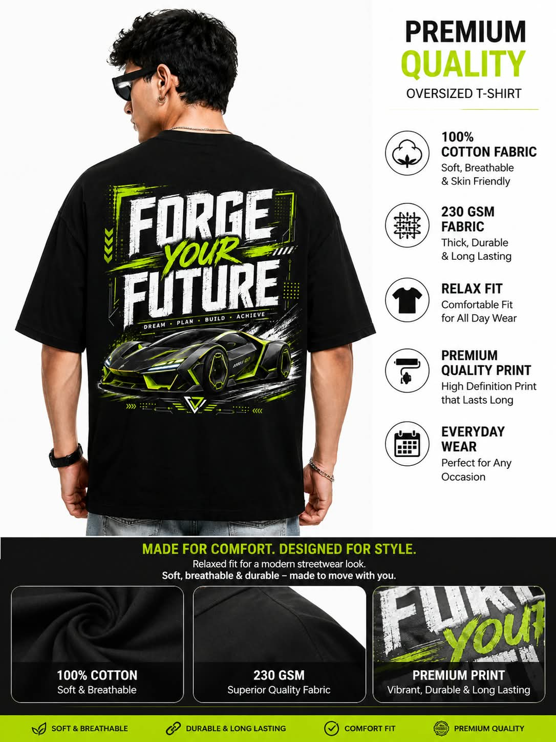 "FORGE YOUR FUTURE" Cyber Supercar Oversized Graphic T-Shirt – Neon Streetwear Tee