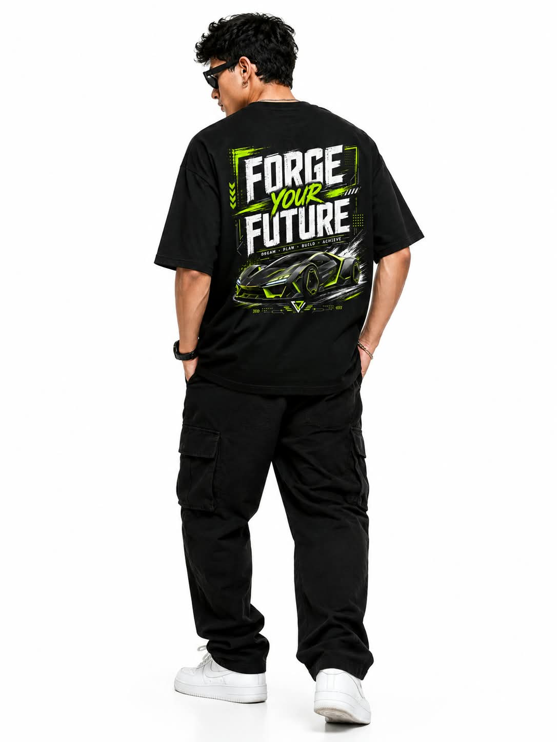 "FORGE YOUR FUTURE" Cyber Supercar Oversized Graphic T-Shirt – Neon Streetwear Tee