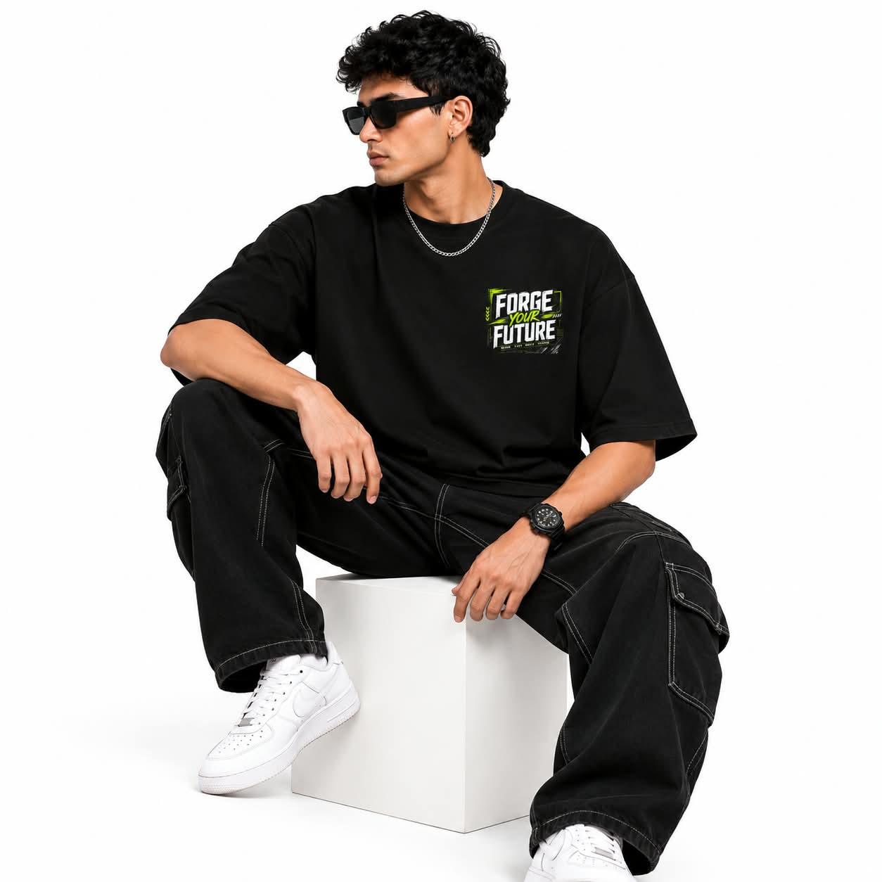 "FORGE YOUR FUTURE" Cyber Supercar Oversized Graphic T-Shirt – Neon Streetwear Tee